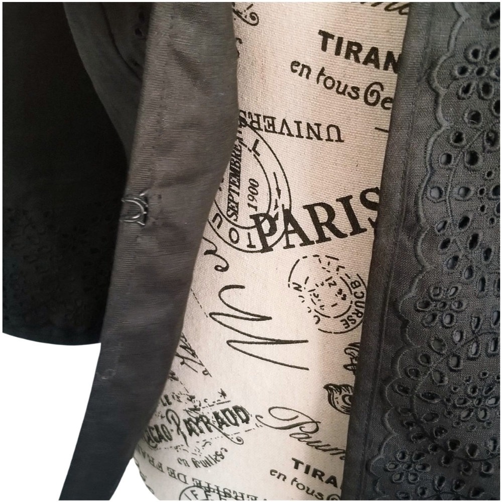 Anne Carson Black Linen Eyelets 3/4 Sleeves Jacket Mandarin Collar Size Large - Picture 3 of 7
